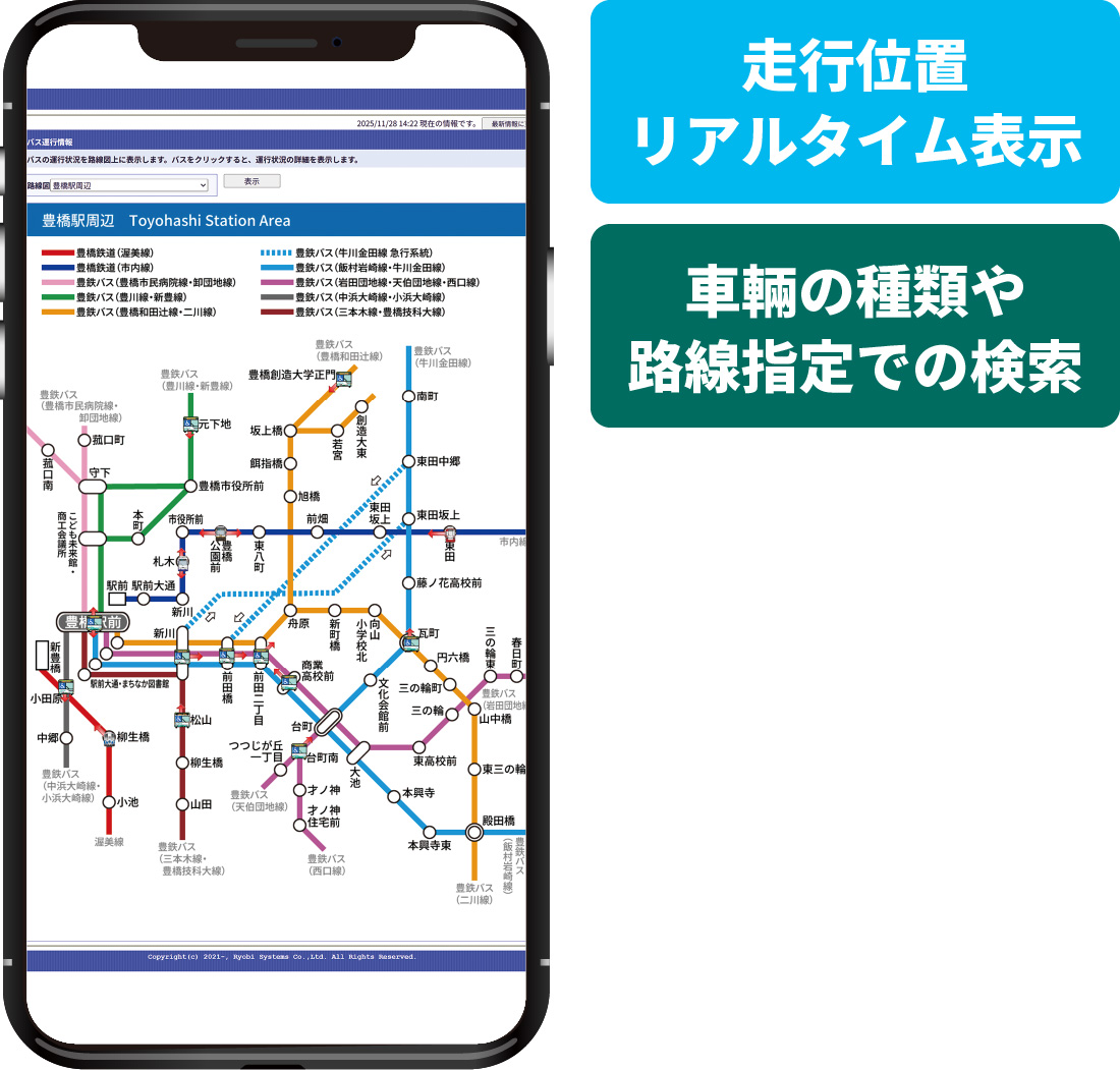 走行位置リアルタイム表示 / 車輛の種類や路線指定での検索