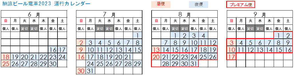 納涼ビール電車2023 運行カレンダー 納涼ビール電車2023 運行カレンダー